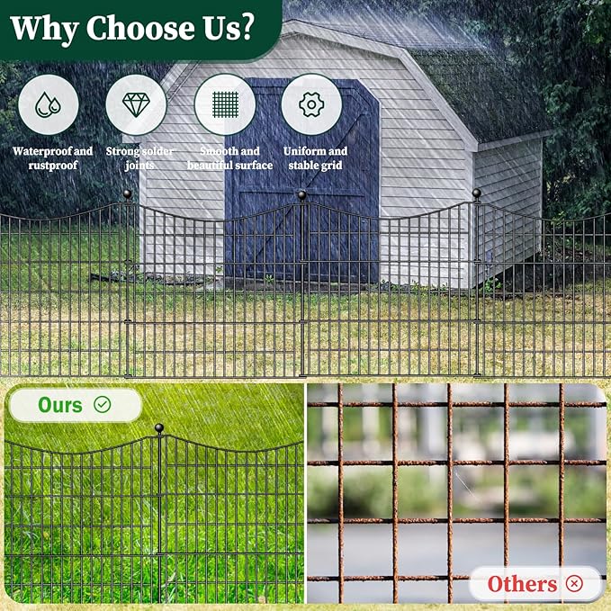10 Panels Decorative Garden Fence with Gate, 40 in(H) X 23.6 ft(L) No Dig Dog Fence Animal Barrier Outdoor for Yard, Rustproof Metal Garden Edging and Borders, Temporary Fencing Stakes