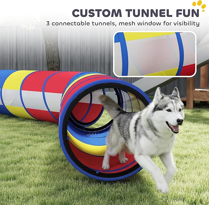 PawHut Dog Agility Training Equipment, 12-Piece Dog Obstacle Course with Adjustable Hurdle & Ring, 4 Tunnels, Weave Poles, Pause Box, Treat Bag, Bowl and Carrying Bag for Indoor Outdoor Use