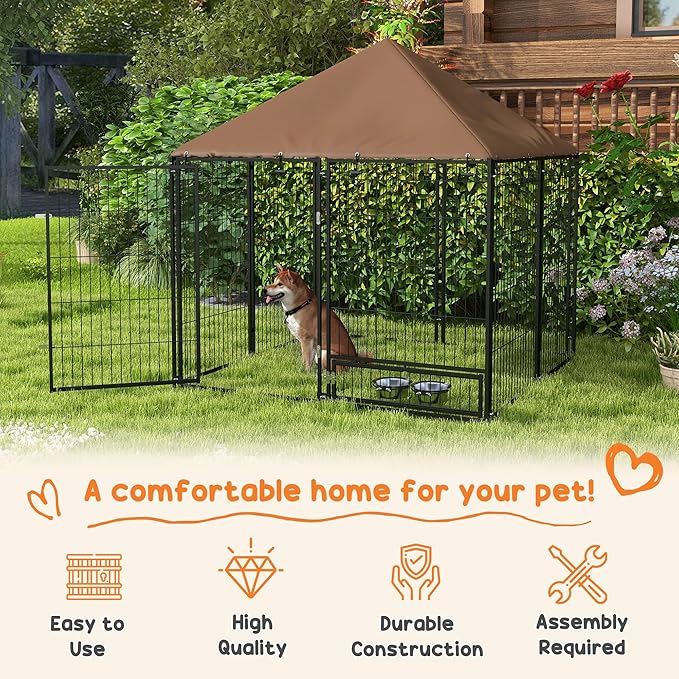 PawHut Outside Dog Kennel, 4.6' x 4.6' x 5' Puppy Play Pen with Canopy, Garden Playpen Fence Crate Enclosure Cage Rotating Bowl, for Dogs, Chickens, Ducks, Black