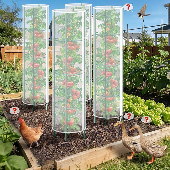 3 Pack Garden Bird Netting Plant Cover for Round Tomato Cage, 61"x13" Insect Bird Barrier Tomato Cage Net with Zipper & Drawstring, Tomato Trellis Netting Protection Cover for Protecting Plants
