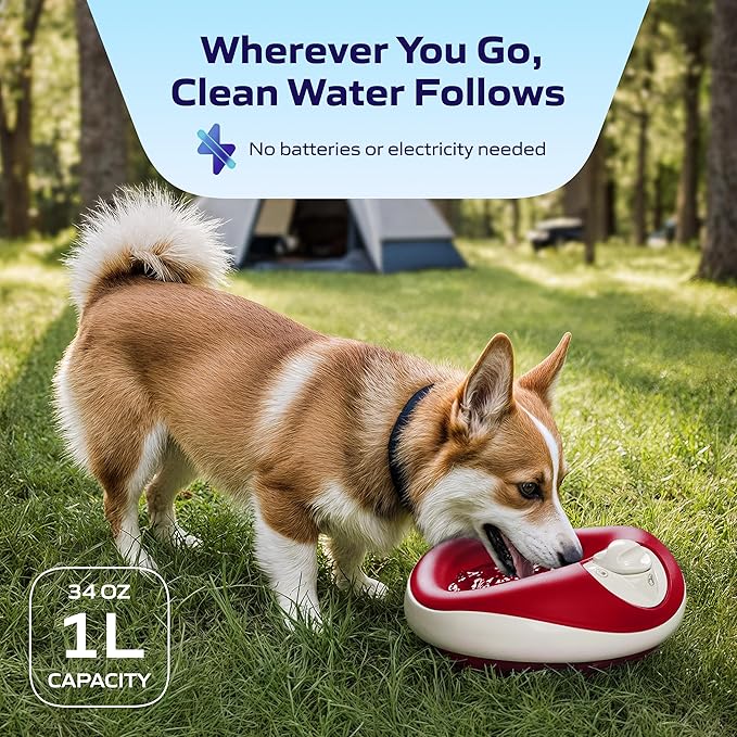 Filtered Portable Dog Water Dispenser [Upgraded 2026], 1L / 34oz, Automatic Pet Water Dispenser, No Spill, Noise-Free Dog Water Bowl Dispenser, No Power, Ideal for Small Pets