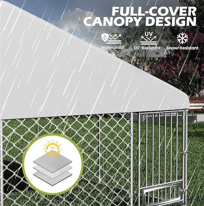 15FTx15FT Outdoor Dog Kennel with Roof, Outside Dog Run Fence with Rotated Dog Bowls, Large Dog House Pen Enclosure with Secure Lock&Textilene Door