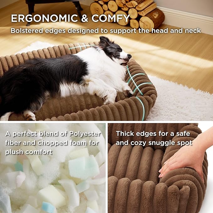 Bedsure ComfyFleece™ Cute Dog Bed for Small Medium Dogs - Washable Furry Puppy Beds, Rectangle Orthopedic Corduroy Fleece Pet Beds with Removable Zipper Cover, 25x21x7inches, Camel Brown