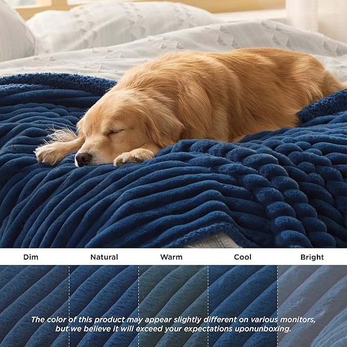 Bedsure ComfyFleece™ Waterproof Dog Blankets for Large Dogs - Soft Pet Cat Blanket Corduroy Fleece for Couch Bed Protector Washable, Cozy Calming Reversible Furniture Protection,50"x60", Navy Blue