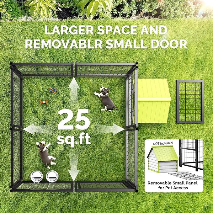 Sino Luban 2PCS Outdoor Dog Kennel Outside Run with Doggy Door, Swivel Feeder&Roof - 5x5x5FT Large Dog Kennels Pens Outside for Medium/Large Dogs - Heavy Duty Cage (Can Connect to Your Dog House)