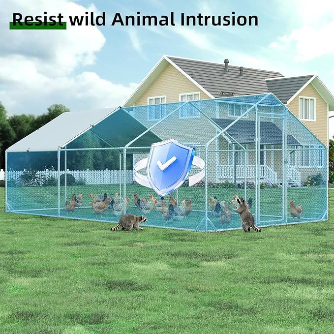 Large Metal Chicken Coop with Run Walk-in Poultry Cage Chicken Runs House Pen Cage Spire Roofed Chicken Coops with Anti-Ultraviolet Cover for Outdoor Yard Farm Use 9.8’L x 19.7’W x 6.4’H