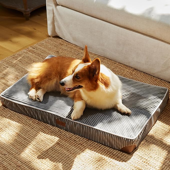 FUKUMARU Dog Bed, Thickened Corduroy Orthopedic Dog Beds with Washable Cover, Large Waterproof Dogs Bed for Crate, 28D Egg Crate Foam Support Pet Mat, Cozy Pet Bed Pad with Anti-Slip Bottom, Grey