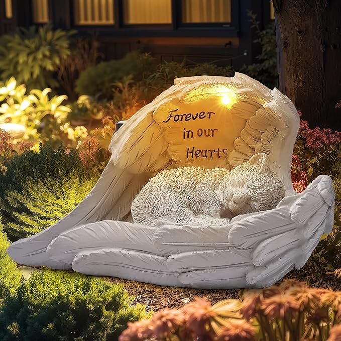Pet Cat Solar Garden Memorial Statue – Outdoor Resin Angel Kitty with Solar Light, Guardian Angel Kitten Memorial Gift for Patio, Lawn, Yard, or Garden Christmas Decor