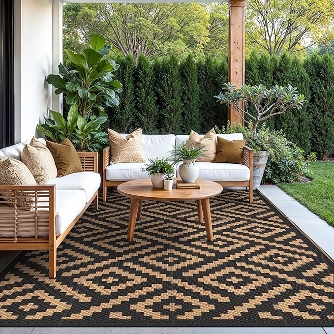 GENIMO Outdoor Rug for Patio Clearance,9'x12' Waterproof Large Mat,Reversible Plastic Camping Rugs,Rv,Porch,Deck,Camper,Balcony,Backyard (Black & Brown)