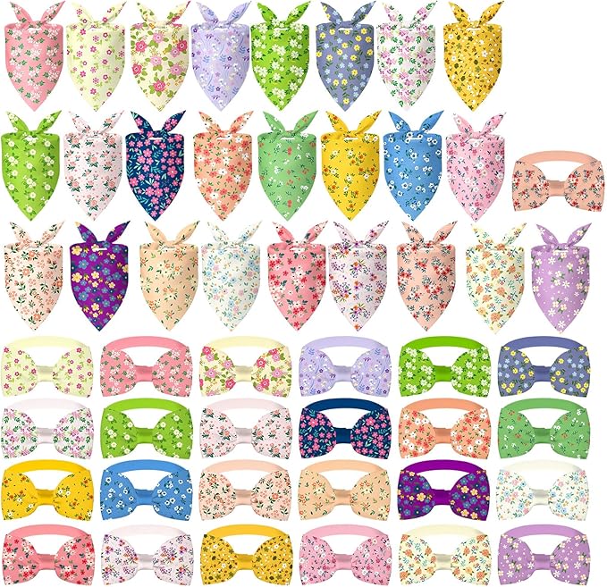 Sanwuta 50 Pcs Dog Bandanas and Collar Bow Ties Set 25 Bandanas Bulk 25 Charm Dog Collar Pet Triangle Pet Scarf Bowtie for Small Medium Large (Spring Fresh)