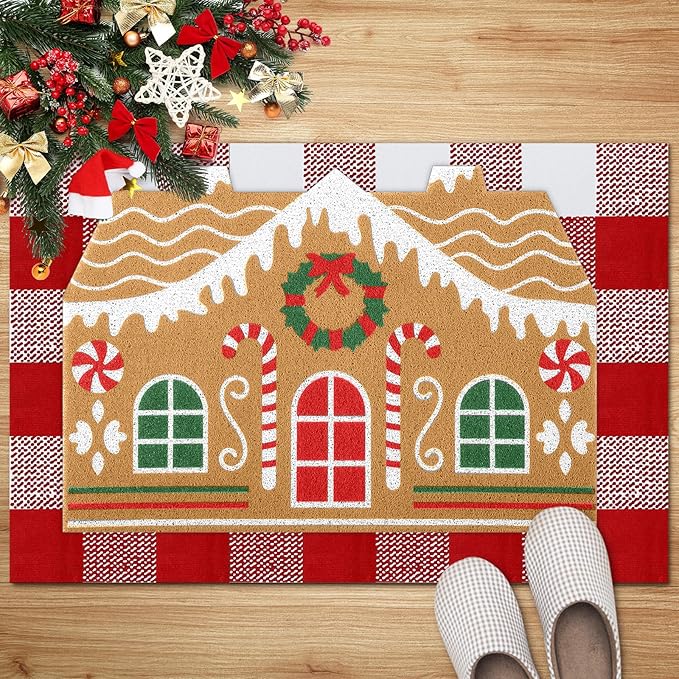 Tinideya 2 Pcs Door Mat Welcome Non Slip Coir Mats Floor Layering Doormats Seasonal for Front Porch Entryway Decor(Gingerbread House)