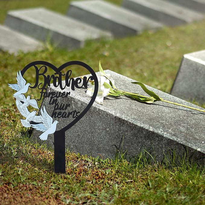 BUoonyer Stake Graves Cemetery Decorations - Brother Metal Memorial Grave Markers, Heart Graveyard Sympathy Plaque for Boy, Dove Remembrance Graveside Burial Decor Sign for Outdoor Outside Yard Garden