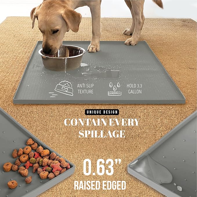AVERYDAY 100% Waterproof Thicker Silicone Dog Food Mat, 0.63'' Raised Edge Bowl Mat for Food & Water, Non Slip Pet Feeding Placemat for Messy Drinkers, Perfect for Large Medium Small Breeds, 32"x24"