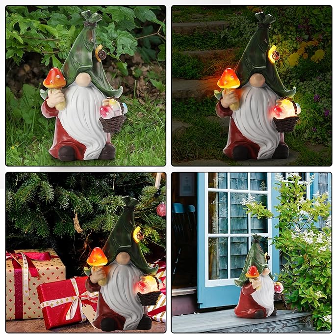 Gnome Solar Garden Statue with 3 LED Lights, Mushroom-Picking Gnome Statue Outdoor Decor for Patio, Yard, Balcony, Lawn Ornament, Unique Gift for Mom, Grandma Christmas, Valentines Day Decorations