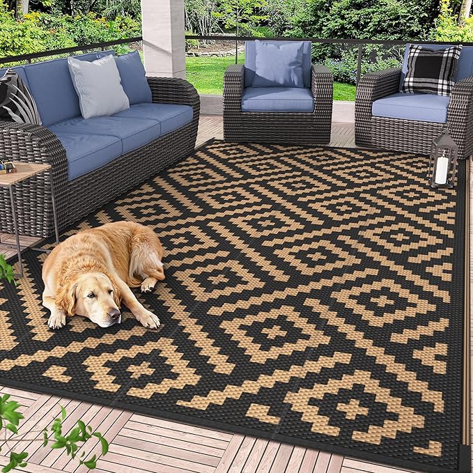 GENIMO Outdoor Rug for Patio Clearance,9'x12' Waterproof Large Mat,Reversible Plastic Camping Rugs,Rv,Porch,Deck,Camper,Balcony,Backyard (Black & Brown)