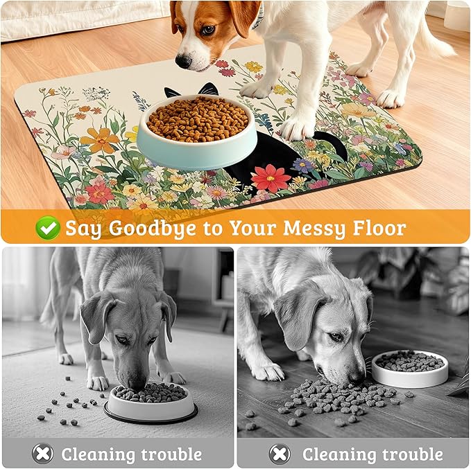 Dog Bowl Mat,Cat Black Pet Feeding Mat for Floors Waterproof,Color Flowers Absorbent Dogs Placemat for Food and Water Quick Dry Pet Cat Feeding Mats with Non Slip Bottom 12" x 20"