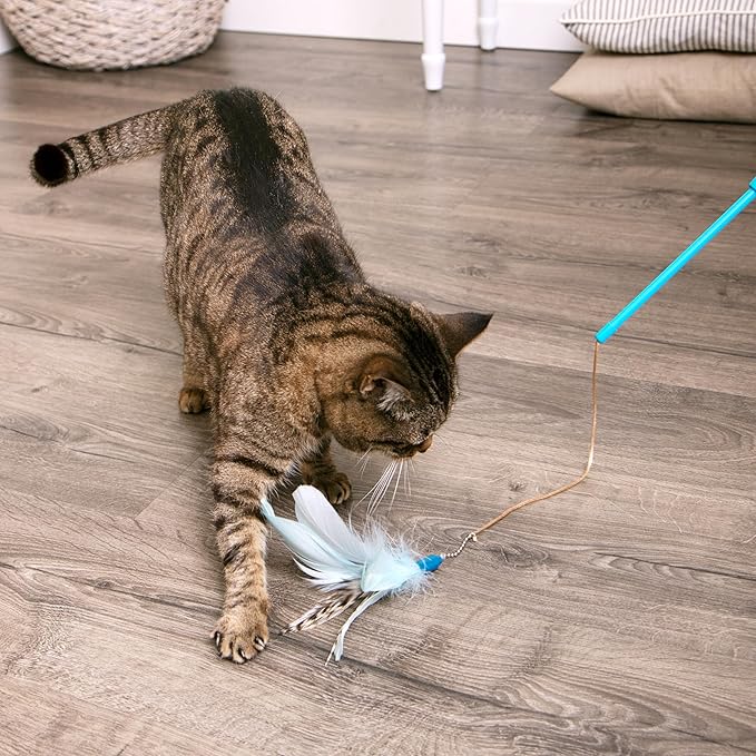 SmartyKat Frisky Flyer Feather Wand Cat Toy, Extendable Up to 24" - Blue, One Size