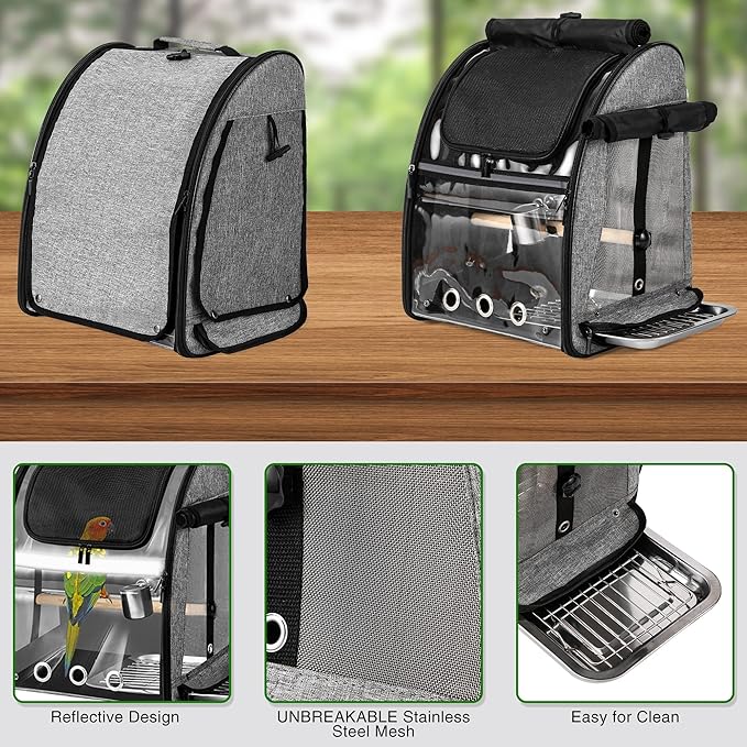 SUERTREE Bird Carrier Bag with Indestructible Stainless Steel Mesh, Bird Travel Cage with Stand, Easy to Clean Backpack for Parrot, Portable Bird Travel Bag, Grey