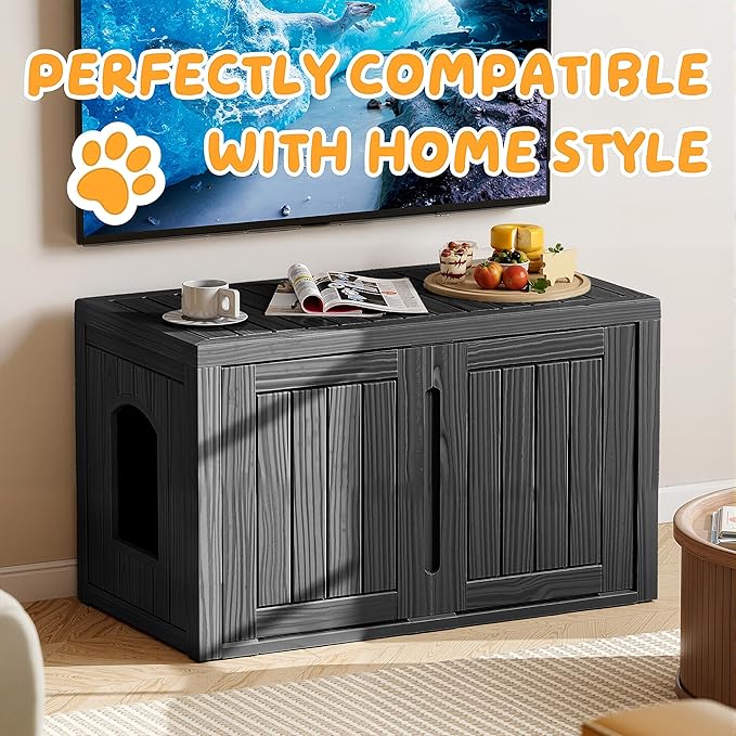 Cat Litter Box Enclosure,Multi-Functional Hidden Litter Box Furniture Cabinet with Adjustable Partition & Side End Table, Indoor Outdoor Cat House with Double Doors,Easy to Clean & Assemble, Black