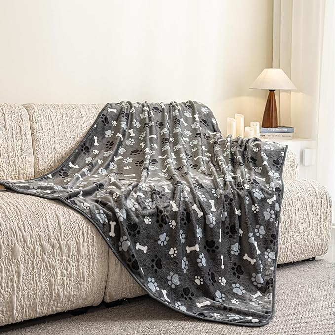 Dog Blanket Paw Bone Pattern 1 Pack 2 Super Soft Warm Flannel Sofa Cover Car Bed Protector, Urine Proof Washable Outdoor Pet Blanket for Puppy Large Dogs & Cats,60"*50" Grey