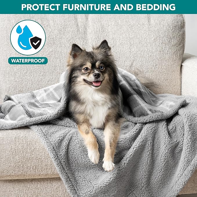 PetAmi Waterproof Dog Blanket for Small Medium Dog Puppy Cat Throw for Couch Cover Leakproof Protection, Sherpa Fleece, Reversible Soft Washable 29x40 Plaid Light Gray