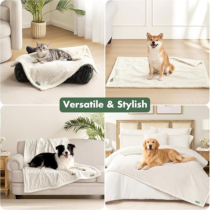 Waterproof Twin Blanket for Bed - Washable Large Dog Blankets for Bed Protector, Thick Cozy Fleece Calming Pet Blankets for Indoors & Outdoors, Cream, 60"x80"