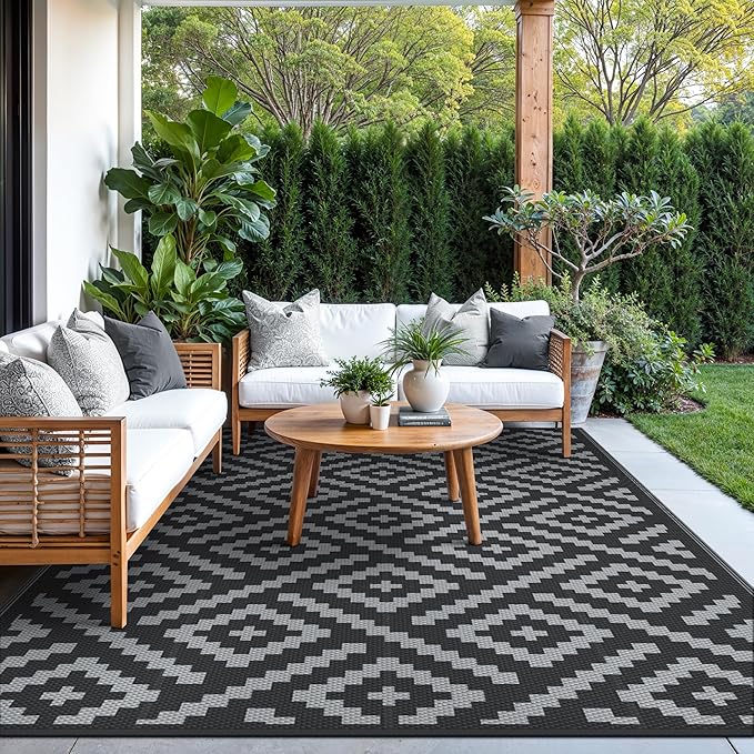 GENIMO Outdoor Rug for Patio Clearance,6'x9' Waterproof Mat,Reversible Plastic Camping Rugs,Rv,Porch,Deck,Camper,Balcony,Backyard,Black & Gray