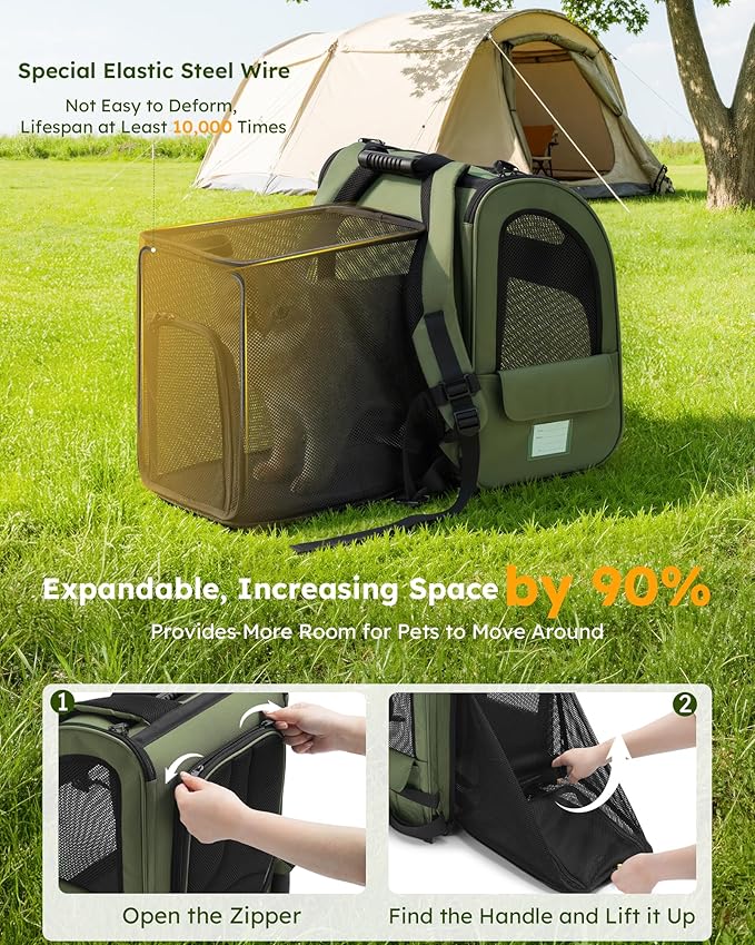 Pecute Expandable Cat Backpack Carrier, Backpack for Cats & Small Dogs Up to 11lbs, with 4-Side Breathable Mesh, Multi-Entry & Lockable Zippers for Travel, Hiking, Camping - Hands Free, Green