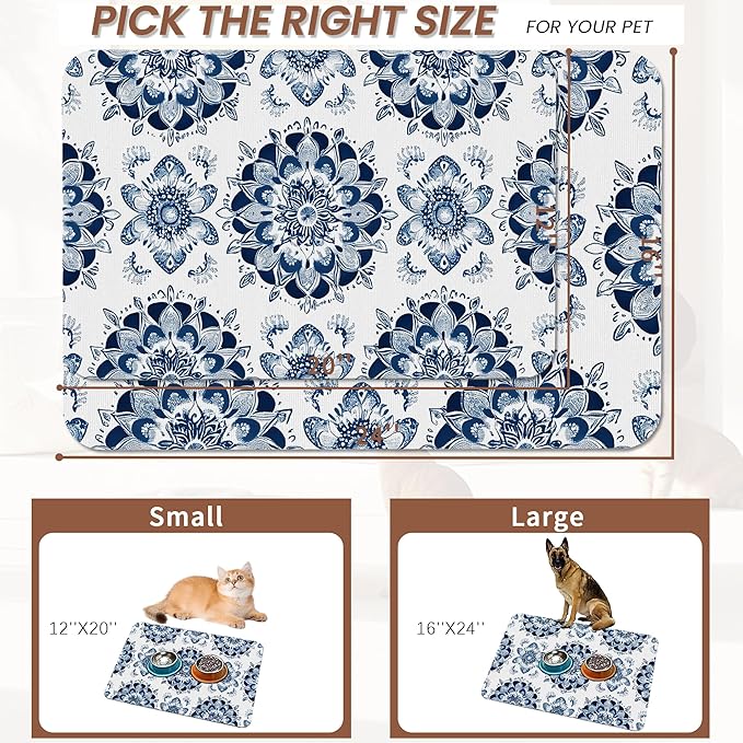 Mandala Flower Dog Food Mat for Floors,Blue Boho Floral Absorbent Quick-Dry Pet Feeding Mat,Cat Dog Bowl Mats for Food and Water,Non-Slip Pet Accessories Supplies 12"x20"