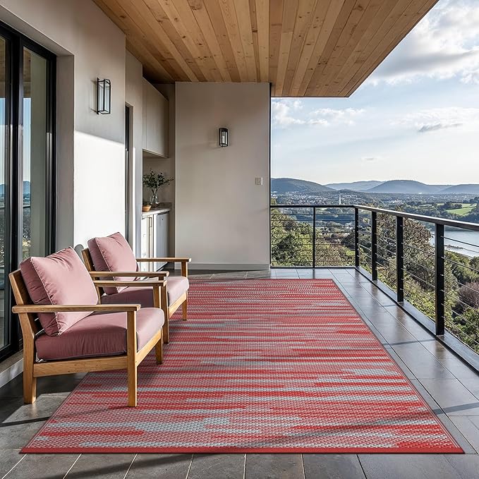 GENIMO Outdoor Rug for Patio Clearance, 6'x9' Waterproof Camping Mat, Reversible Plastic Straw Rugs for RV, Camper, Balcony, Backyard, Picnic, Deck (Red Grey)