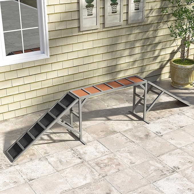 PawHut Wooden Dog Agility Equipment with Safety Bar, Non-Slip Surface, Dog Playground Ramp, Pet Obstacle Course for Backyard, Park, Walk and Pause Training, Gray