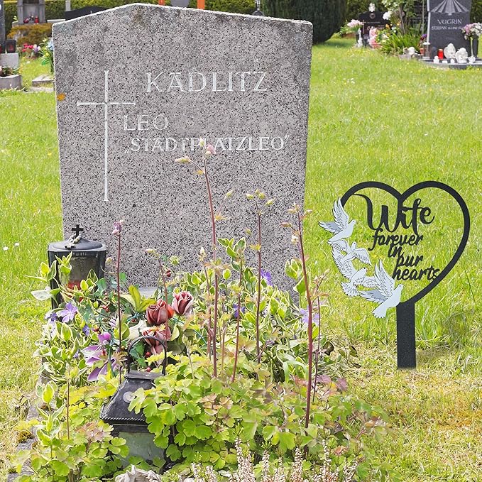 BUoonyer Stake Graves Cemetery Decorations - Wife Metal Memorial Grave Markers, Women Heart Graveyard Sympathy Plaque, Dove Remembrance Graveside Burial Decor Sign for Outside Yard Garden