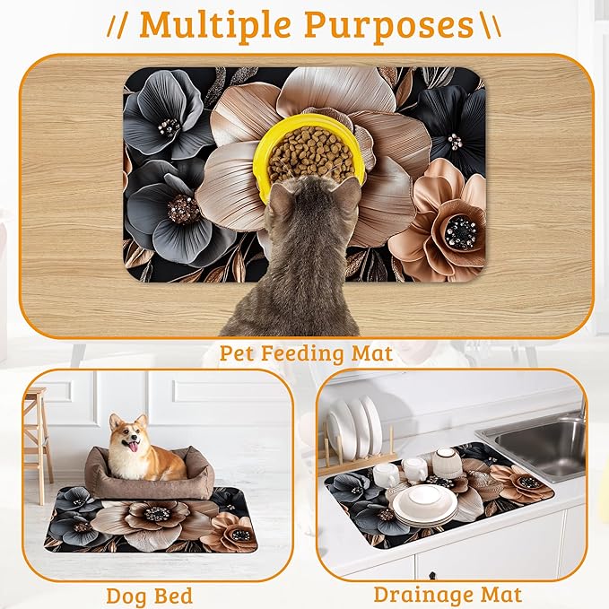 Black Brown Flower Feeding Mat,Artistic Absorbent Quick-Dry Cat Dog Food and Water Bowl Mats,Non-Slip Rubber Backing Mat,Cat Dog Accessories Supplies 16" x 24"