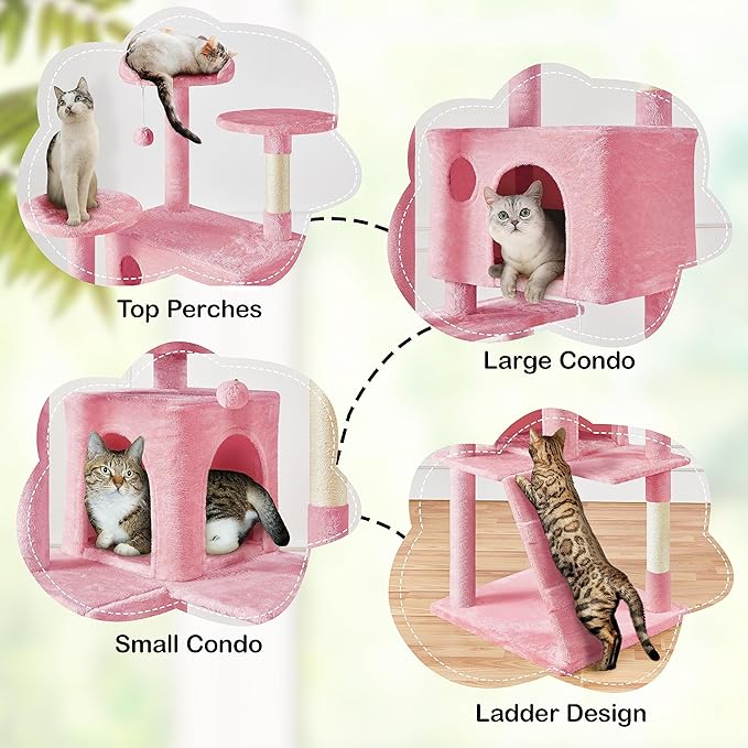 Yaheetech XL Cat Tree, 80in Multi-Level Cat Tower w/Scratching Posts, Double Condo, Perched Platforms and Dangling Balls, Pet Activity Center for Kittens, Pink
