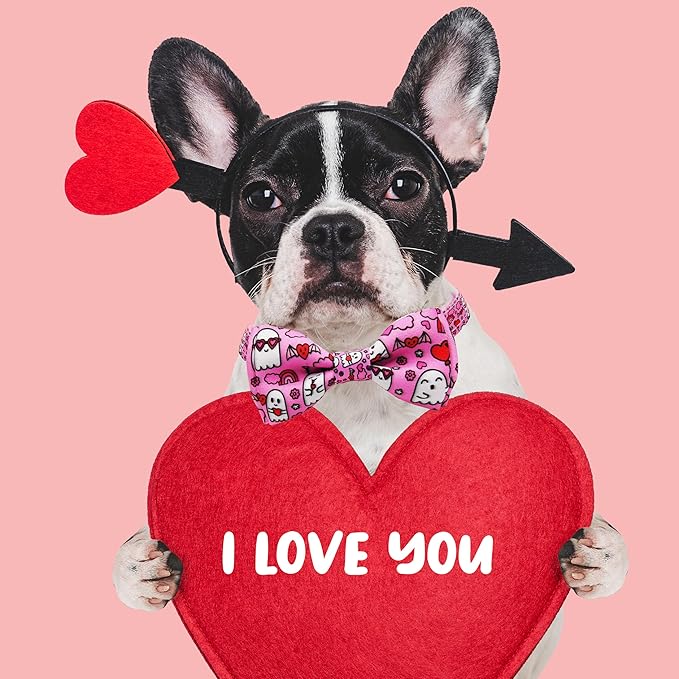 Valentine’s Day Dog Collar Adjustable Puppy Collar with Pink Heart and Flowers Pattern, Cute Pet Accessories for Small Medium Large Dogs