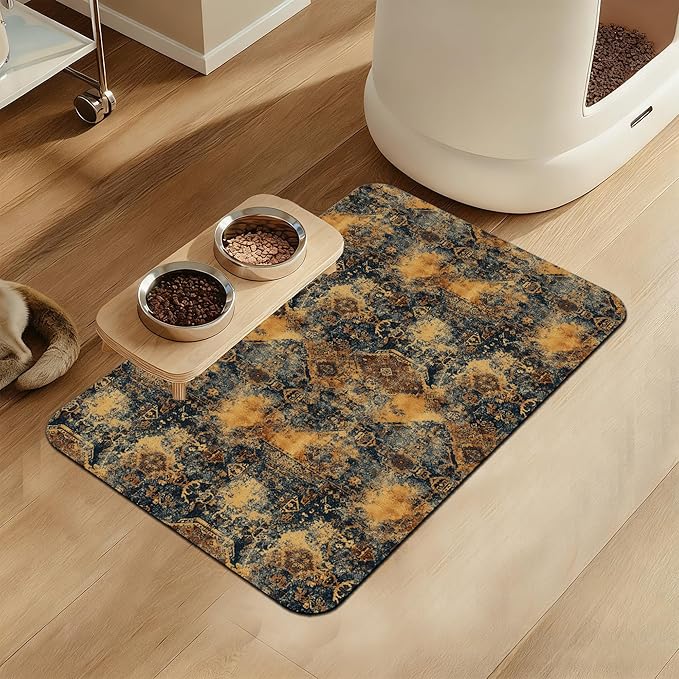 Grunge Boho Pet Feeding Mat for Floors–Christmas Stocking Absorbent Quick Dry Dog Cat Bowl Mat for Food and Water, Non Slip Waterproof Base, Mess-Free Feeding Accessories 12"x20"