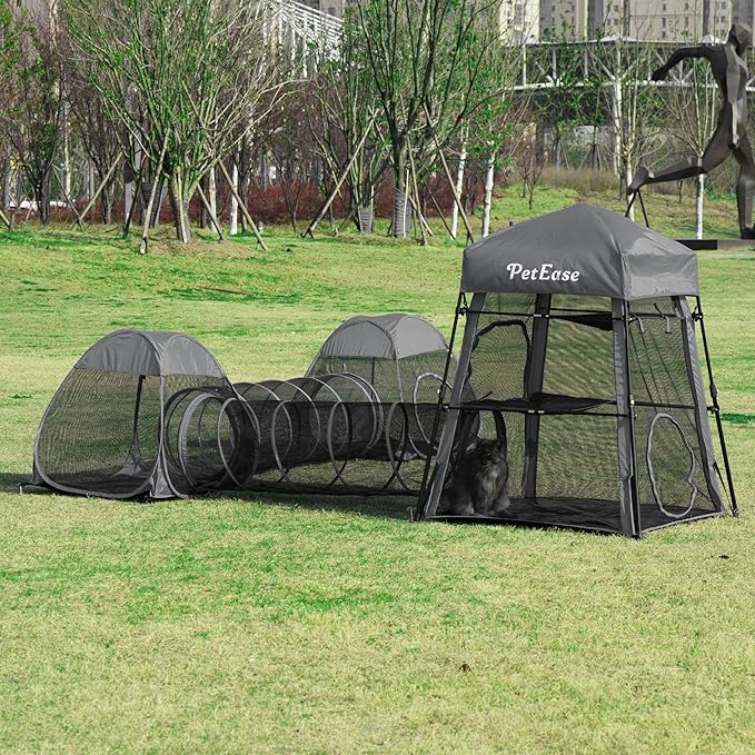 Catio Outdoor Cat Enclosure, 3-in-1 Extra Large Portable Cat Playpen with Tower Tent & Tunnel, Foldable Waterproof Mesh Catio for Indoor Outdoor Cats & Small Pets