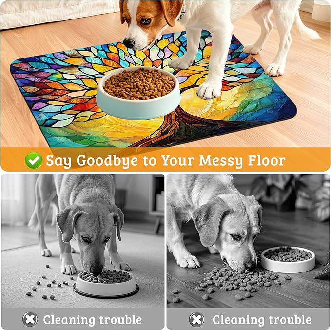 Tree of Life Feeding Mat,Colorful Tree Absorbent Quick-Dry Cat Dog Food and Water Bowl Mats,Non-Slip Rubber Backing Mat,Cat Dog Accessories Supplies 16" x 24"