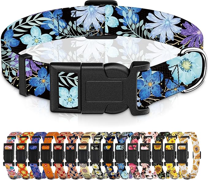 Dog Collar for Boys & Girls, Puppy Collar for Small to Large Dogs, Adjustable Soft Pet Collar with Safety Buckle for Male & Females (Purple Floral, L)