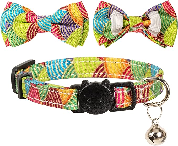 Collar for Cat Pet Breakaway with Bell Bowtie Detachable Bow Adjustable Safety Kitten Puppy Girl Boy 2pcs Kimono-Green & Purple