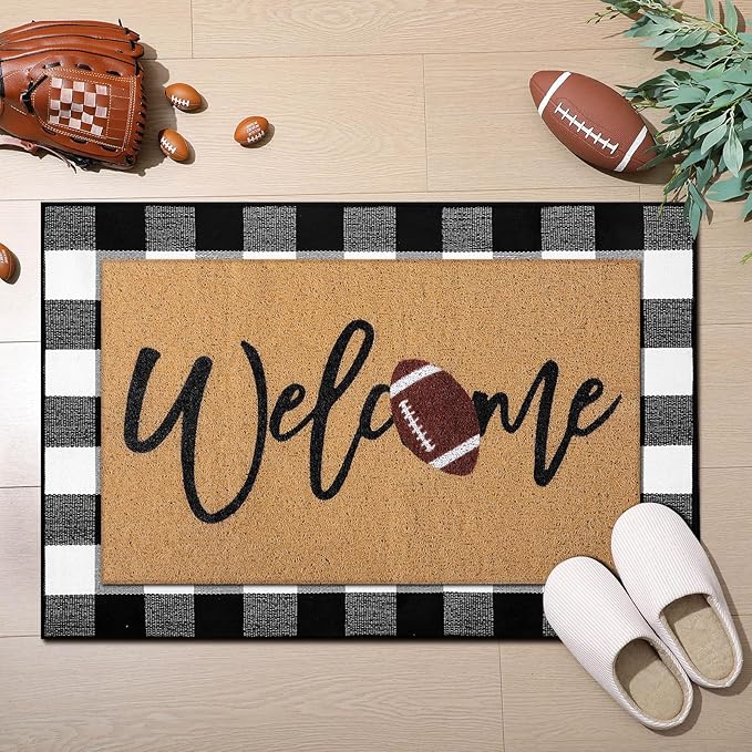 Tinideya 2 Pcs Door Mat Welcome Non Slip Coir Mats Floor Layering Doormats Seasonal for Front Porch Entryway Decor(Football)