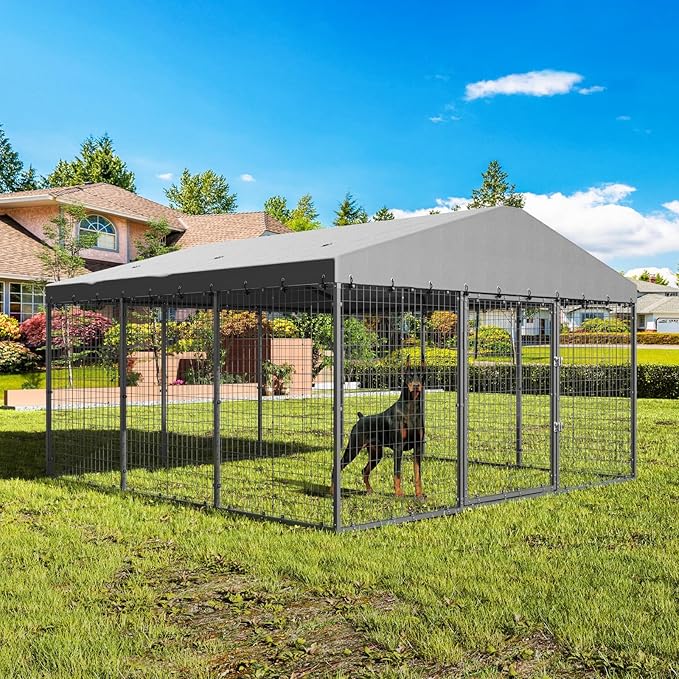 Gotland Dog Kennel Outdoor 10 x10 x6 FT, Dog Cage Outdoor for Medium/Large Dogs with Waterproof Roof Double Secure Locks Ground Spikes, All Weather Heavy Duty Dog Enclosure for Backyard Farm Ranch