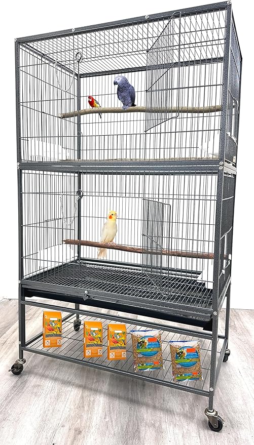 Extra Large Wrought Iron Breeding Flights Canary Parakeet Cockatiel Lovebird Finches Parrot Home Cage Double Large Front Doors 4 Side Doors Bottom Storage Shelf On Lockable Wheels