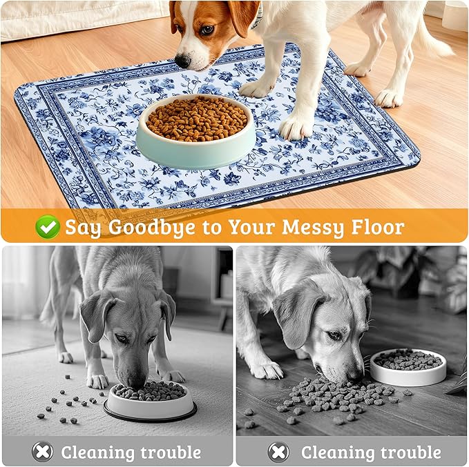 Blue Flower Dog Food Mat,Absorbent Pet Feeding Mat for Food and Water Bowl,Quick Dry Dog Placemat Non Slip Rubber Backing Waterproof Pet Supplies 16" x 24"