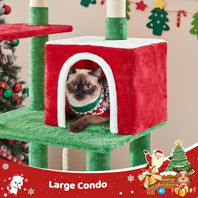 Yaheetech 63in Christmas Cat Tree with Cozy Condo, 7 Scratching Posts, Scratching Ladder, Hammock, Large Cat Tower Holiday Pet Climbing Furniture for Kittens to Play and Sleep