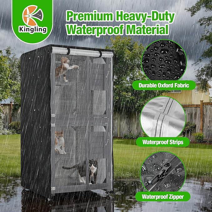 Kingling Outdoor Cat House Cover for 4 Tier Catio Outdoor Cat Enclosure With Wheels, Universal Catio Cover Waterproof & Dustproof Pet Enclosure Cover for Outsides(Cover Only)- 25"L x 25"W x 62"H inch