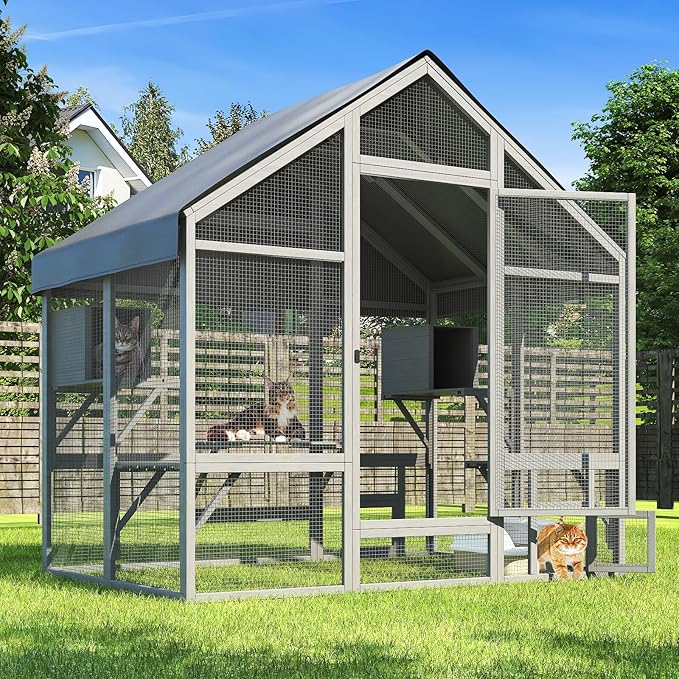 Cat Catio - Large Outdoor Catio Enclosure with 7 Tiered Platforms & 2 Premium Resting Boxes, Weatherproof Cat Cage with UV-Resistant Cover, Spacious Cats Enclosure for Multi-Cats(71"x49"x71")