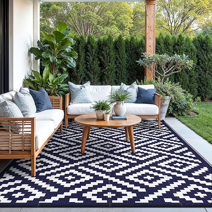 GENIMO Outdoor Rugs 8x10 Waterproof, Reversible Mats, Area Plastic Straw Rug, Outside Carpet, Geometric Rv Mat for Patio Camping Rv Picnic Backyard Deck Balcony Porch Beach Trailer (Navy Blue & White)