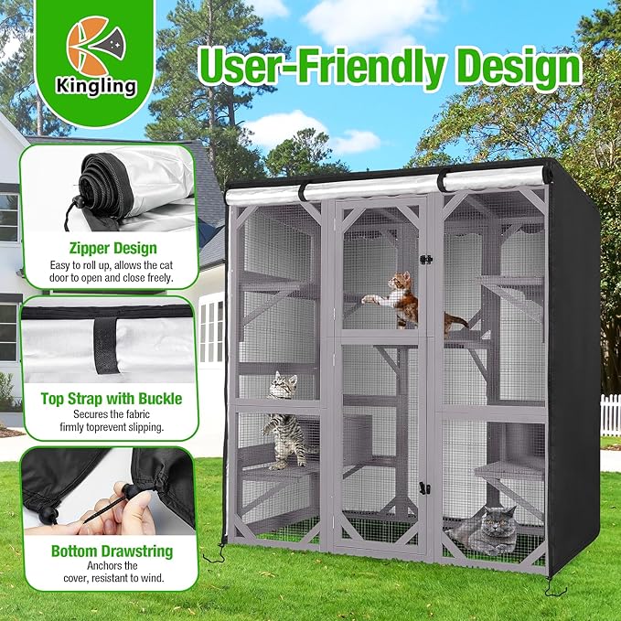Kingling Outdoor Cat House Cover for Winter, Waterproof and Dustproof Protection Cover for Large Cat Cage Condo Black - 63" L x 32" W x 71" H inch(Cover Only)