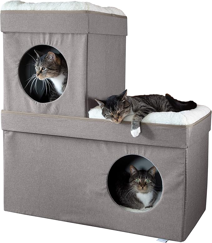 Kitty City Large Stackable Cat Condo & Cube House, Modular Indoor Cat Furniture with Plush Washable Beds, Collapsible Cat Cave & Lounging Ottoman, Tan